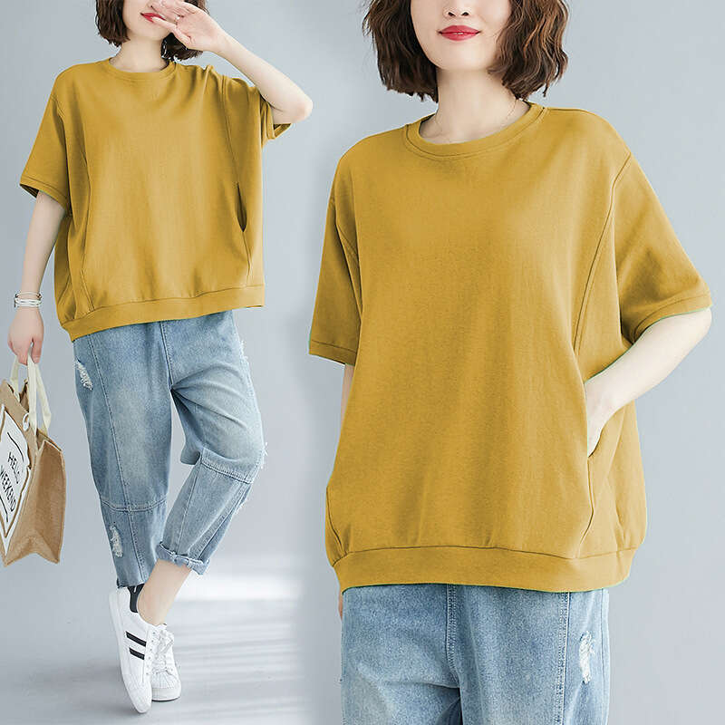 Women's Clothing 200 Jin Summer Loose Plus Size Covering Fat Slimming Top Solid Color Round Neck Short Sleeve T-Shirt B5