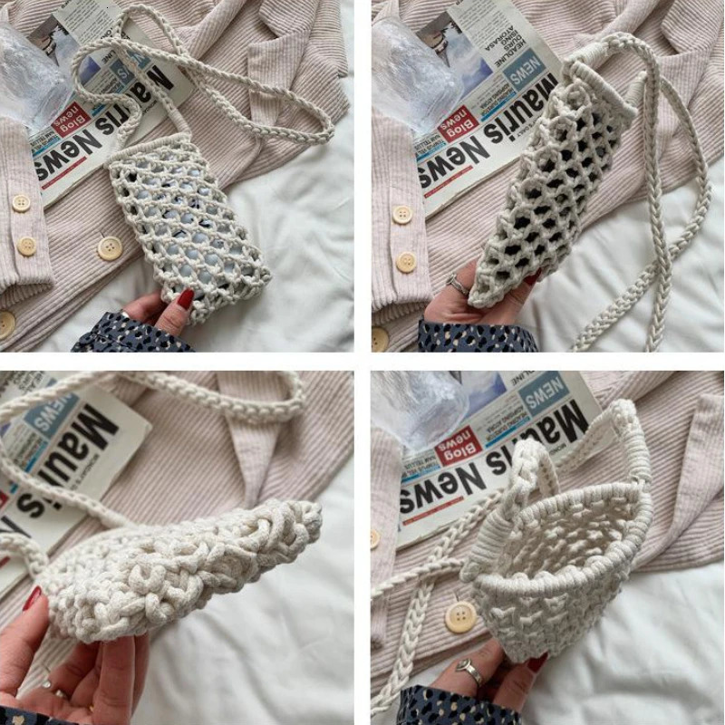 Women Fashion Small Crossbody Phone Bag Solid Color Hollowout Woven Crochet Lightweight Braided Shoulder Handbag Bags y250703