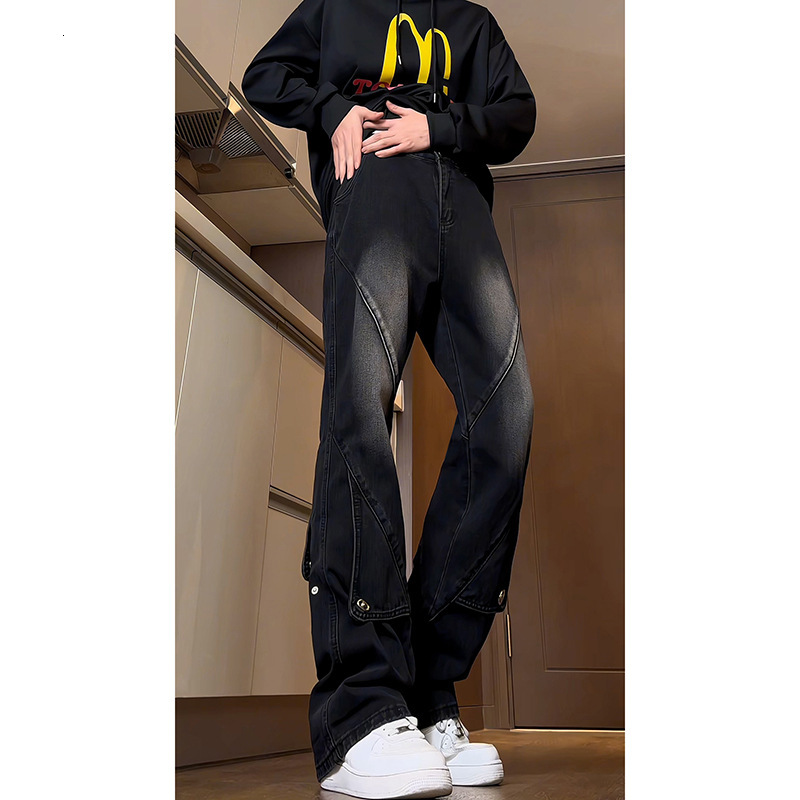 Designer Black Patchwork Casual Work Jeans, Men's Long Pants, Hip-hop Luxury Pants, High Street Slim-fit Pants, Flared Pants