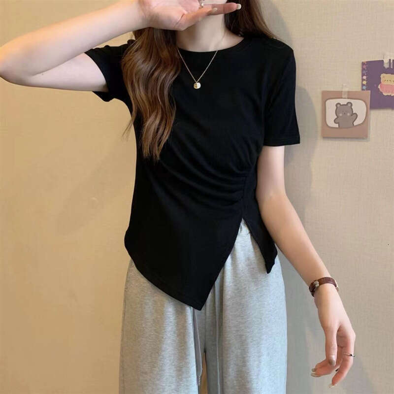 Irregular T-Shirt For Women Summer New Korean Style Waist-Cinching Slimming Side Slit French Splicing Tee Top B5