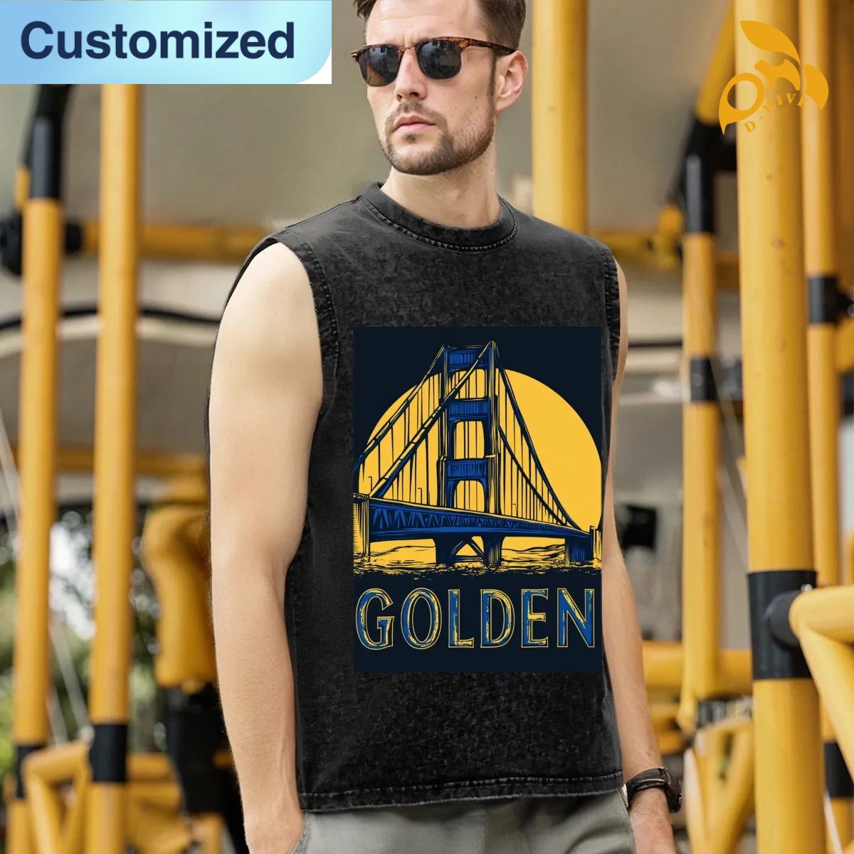 free shipping of customized trendy Washed cotton sleeveless T-shirt with exquisite patterns from US