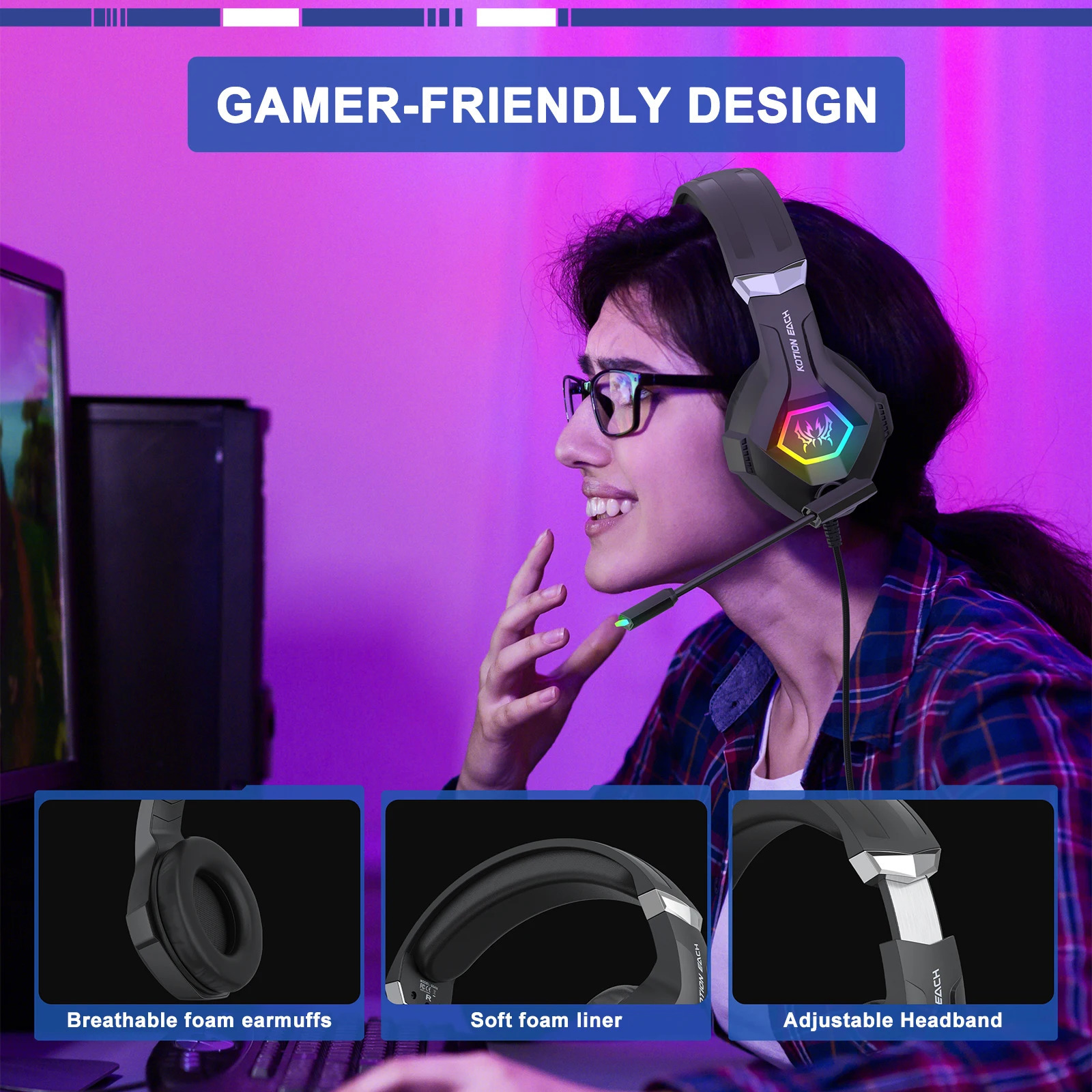 RGB Gaming Headset with Noise Canceling Microphone Surround Sound PC Headphones for PS5 Laptop Mac Computer 250703