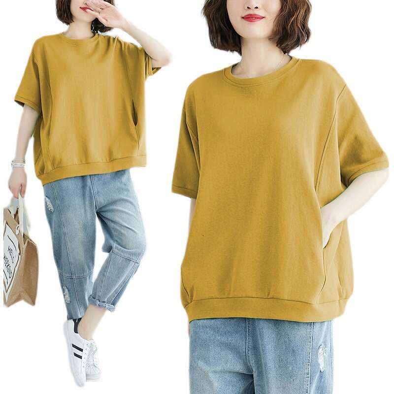 Women's Clothing 200 Jin Summer Loose Plus Size Covering Fat Slimming Top Solid Color Round Neck Short Sleeve T-Shirt B5