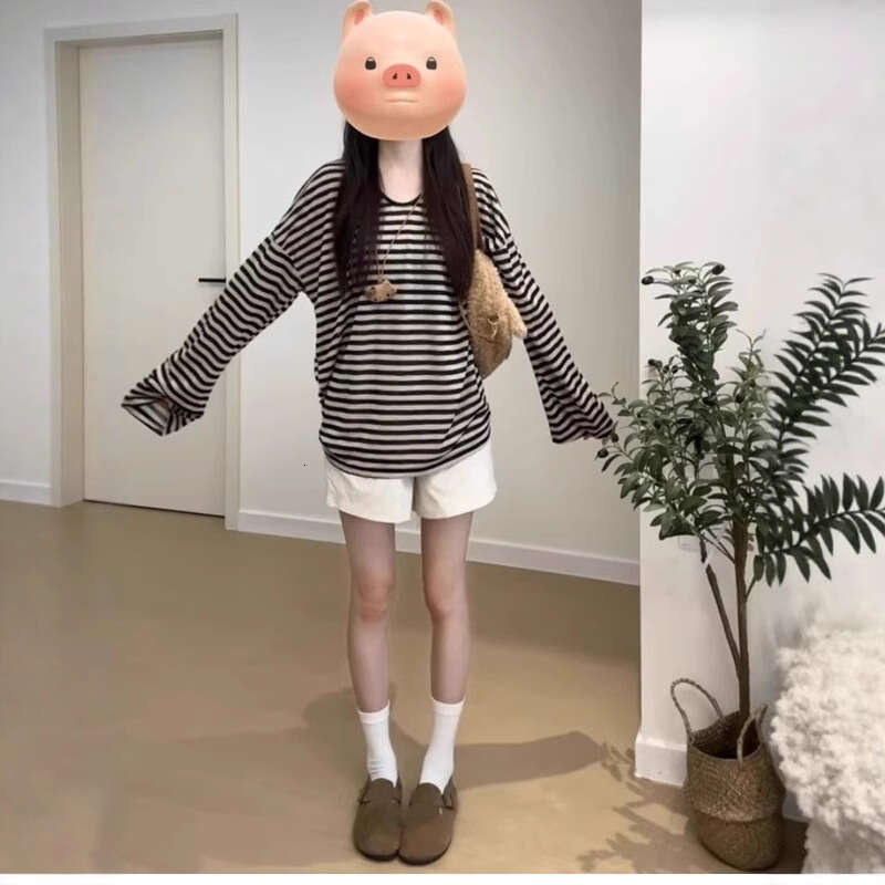 Sun Protection Loose Fit Versatile Long Sleeve T-Shirt For Women Summer New Casual Slimming Striped Mid-Length Top B5