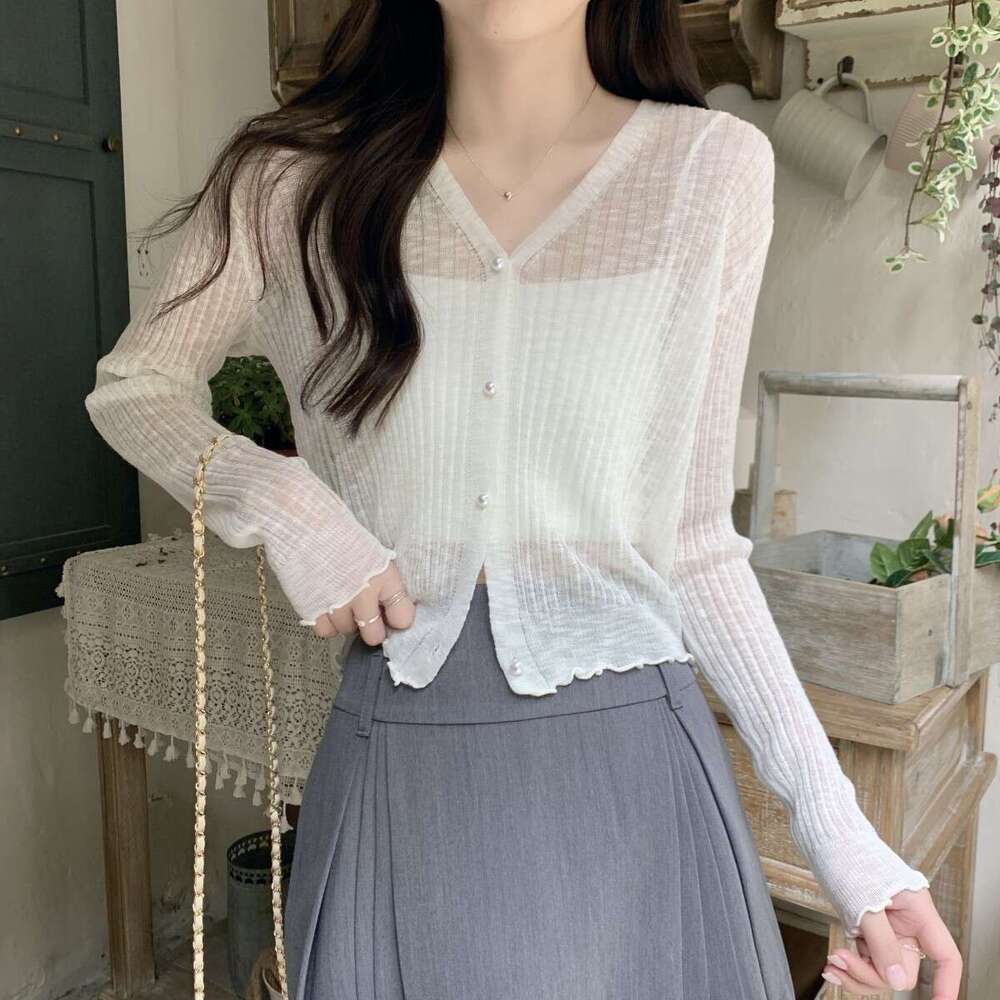 Summer Sun Protection Cardigan For Women, Thin Loose Ruffled Edge Outerwear Shawl, Short Student Knitted Ice Silk Shirt B5