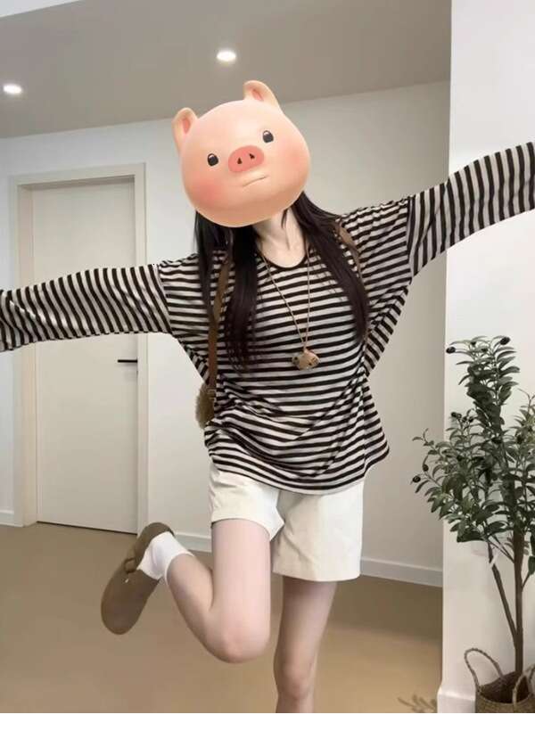 Sun Protection Loose Fit Versatile Long Sleeve T-Shirt For Women Summer New Casual Slimming Striped Mid-Length Top B5