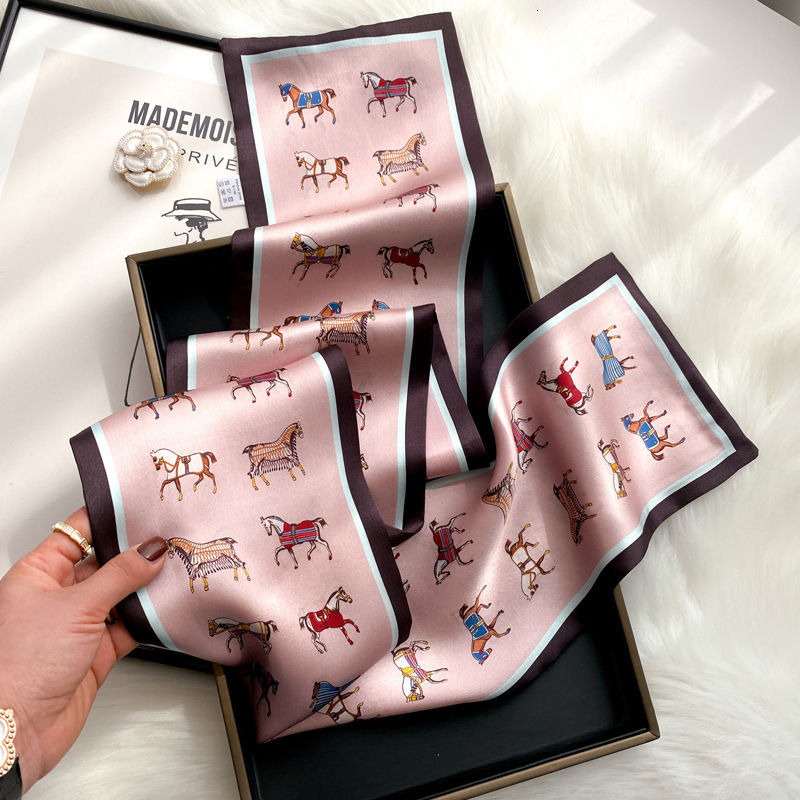 British War Horse Silk Scarf for Women Spring and Autumn Pink Long Mulberry Silk Scarf Hairband Matching Shirt 250710