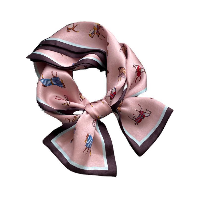 British War Horse Silk Scarf for Women Spring and Autumn Pink Long Mulberry Silk Scarf Hairband Matching Shirt 250710