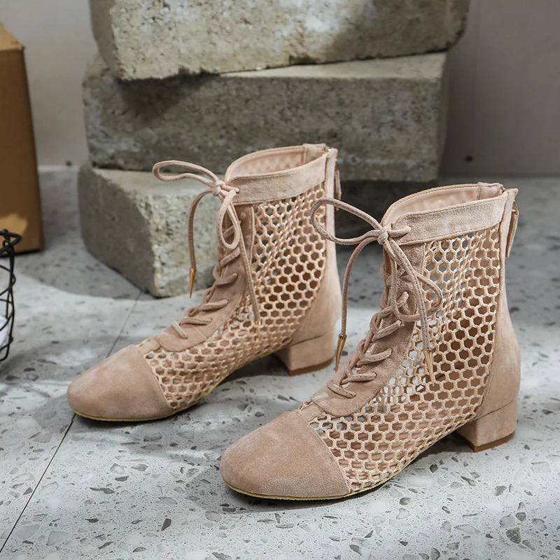 Fashion Sexy Lace-up Mesh Hollow Ankle Boots Zapatos Mujer Elegantes Con Tacones Bajos Charms Zapatos De Mujer Envo Gratis 250708