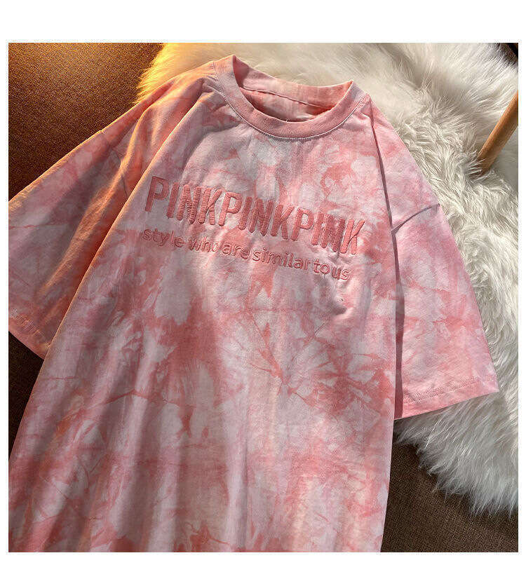 Tie-Dye Embroidered Letters Couple Outfit Best Friend Short Sleeve T-Shirt Women Summer Loose Student Top Women's Clothing B5
