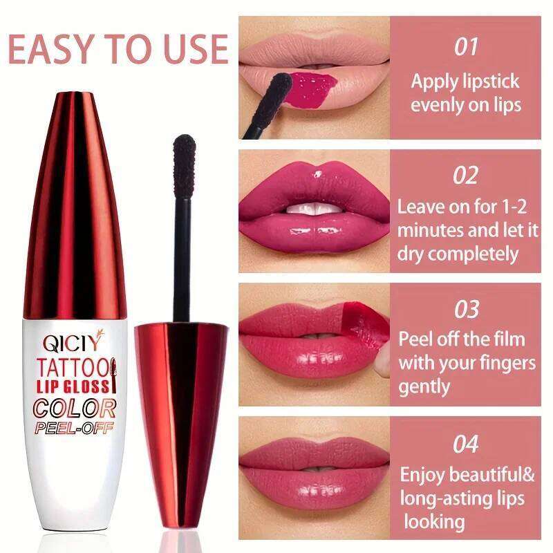 QICY Tattoo Lip Gloss Peel-Off Long-Lasting Moisturizing Liquid Lipstick with Waterproof Non-stick Cup Glossy Finish Nourishing X2507