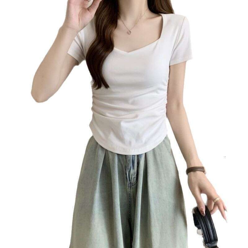 Square Neck Regular Shoulder Sleeve T-Shirt For Women Summer New Waist Slim Fit Short Student Ruched Top Trendy B5