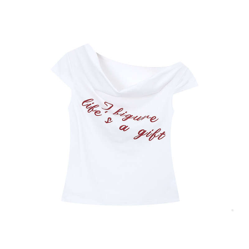 Sweet Spicy Girl Letter Print Sleeve T-Shirt Women's Fashion Summer New Design Slim Fit Short Off-Shoulder Top B5