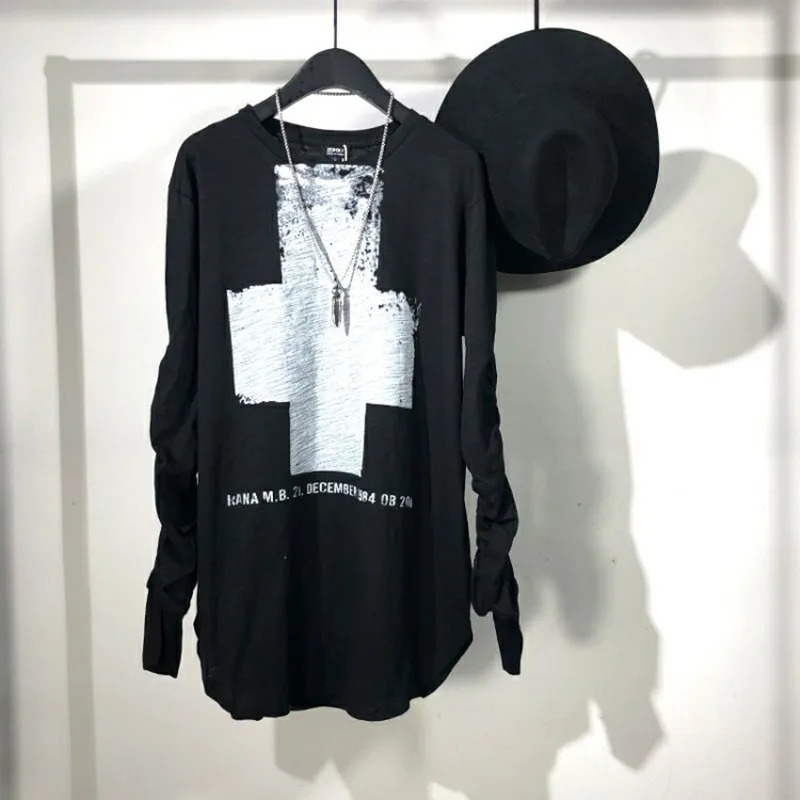 2025 Summer Cross Graffiti Print Hip Hop Punk Long Sleeve T Shirt Men Black White Gothic Vintage Tops Streetwear 250707