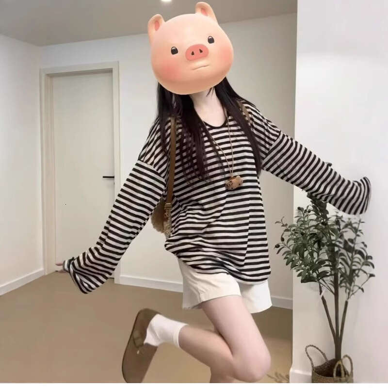 Sun Protection Loose Fit Versatile Long Sleeve T-Shirt For Women Summer New Casual Slimming Striped Mid-Length Top B5