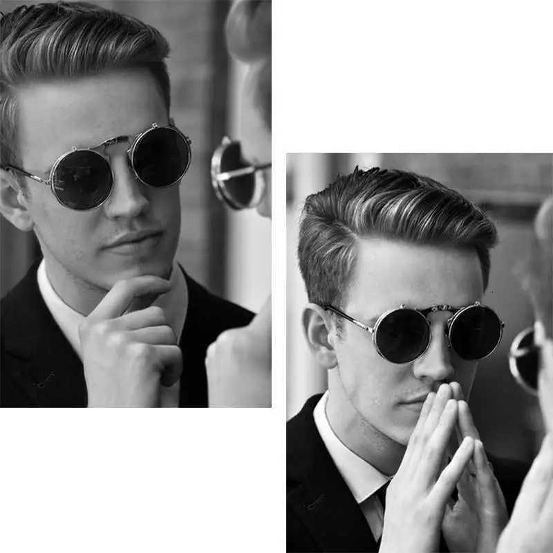 Retro Flip Round Sunes Man Wan Metal Steampunk Sty Sun es Ma Fa Doub Circar Car ns Eyees W250709