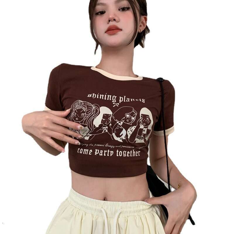 Summer American Style Printed T-Shirt Women, Color-Block Round Neck, Crop Top, Slim Fit Short Sleeve Top For Women B5