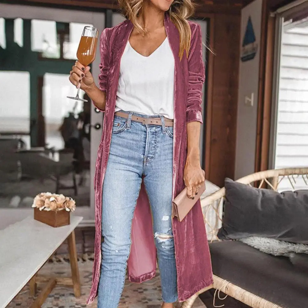 Stretch Suede Long Windbreaker Jacket Flannel Open Stitch Warm Maxi Coat OL Style Elegant Pure Color Spring Autumn Jacket 250709