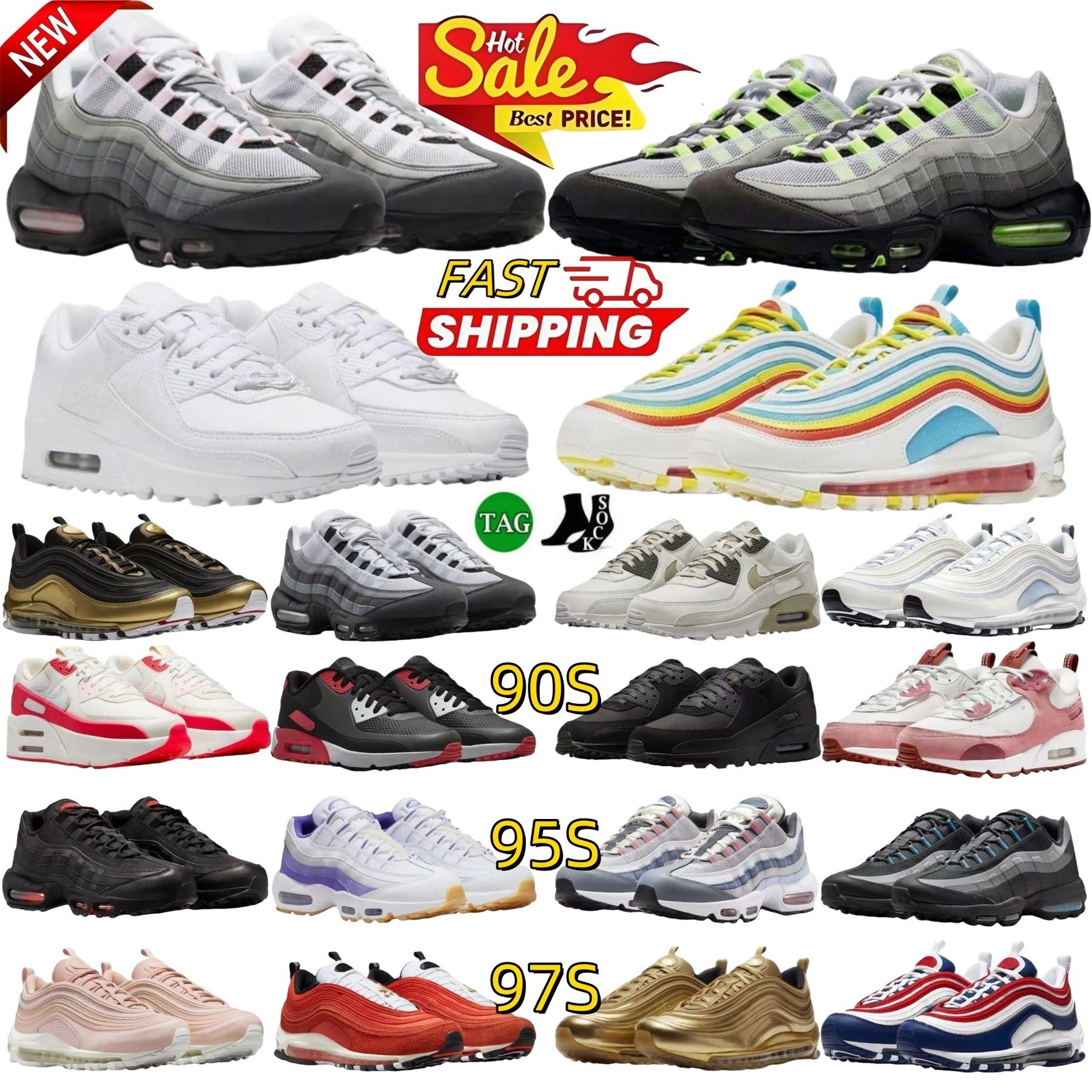 Designer shoes 90s 95s 97s Running Shoes For Men Women Classic Triple Black White Mesh Leather Trainer Breathable Cushion Surface Sneakers Runner Sports Eur 36-45
