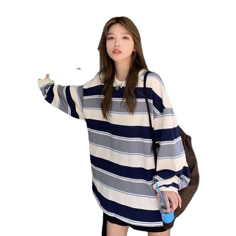 Autumn New Korean Style Loose Striped Long Sleeve T-Shirt For Women, Ins Internet Celebrity Student Versatile Thin Top Trendy B5