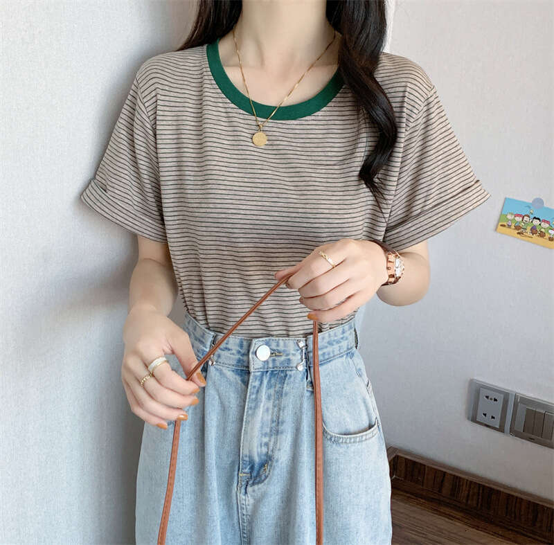 Striped T-Shirt Short Sleeve Women Summer New Round Neck Loose Ins Style Casual Student Top B5