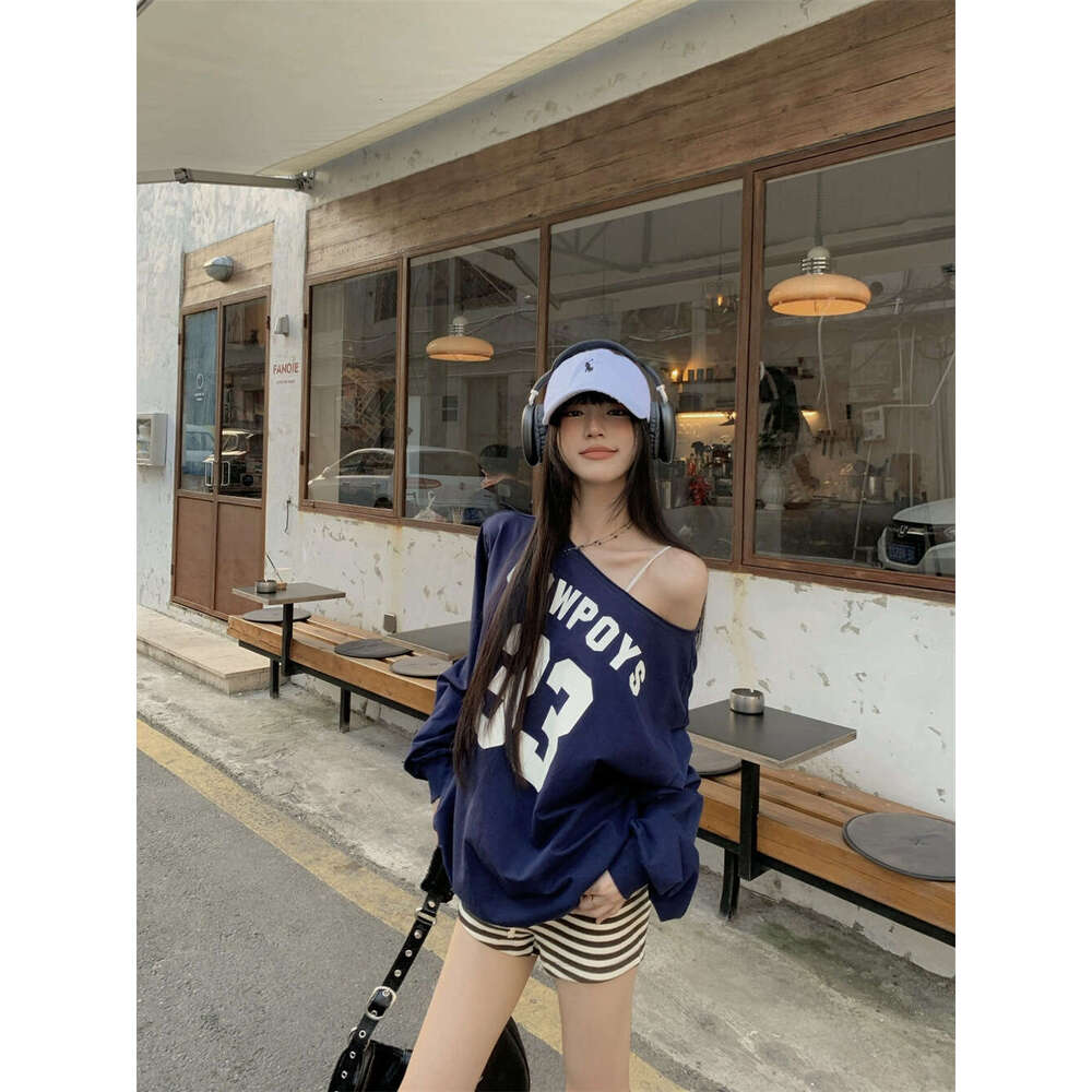 American Style Letter Print Sweatshirt For Women, Autumn Design, Casual Loose Long Sleeve Off-Shoulder Top B5