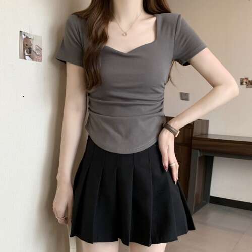 Square Neck Regular Shoulder Sleeve T-Shirt For Women Summer New Waist Slim Fit Short Student Ruched Top Trendy B5