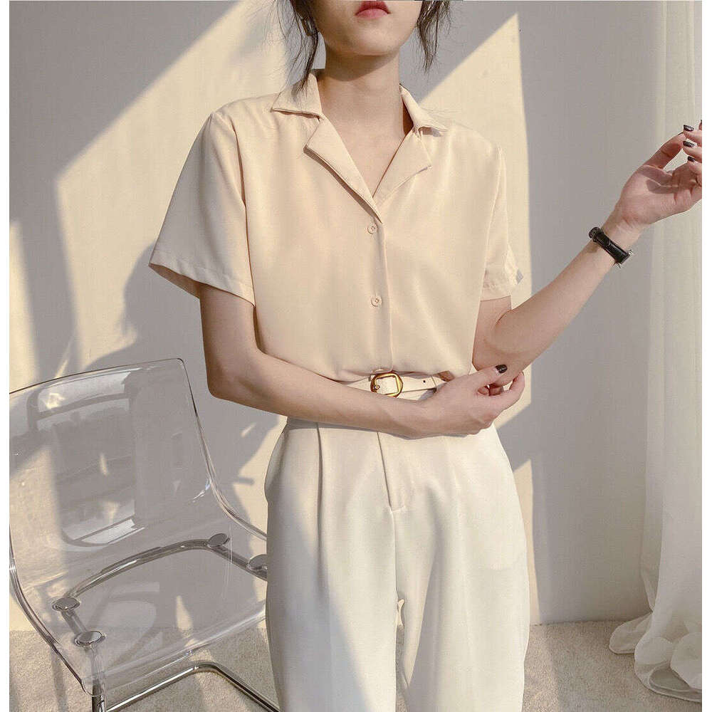 Spring Summer College Style Korean Version Professional Suit Collar Turn-Down Student Short Sleeve Shirt Solid Color Top Women B5
