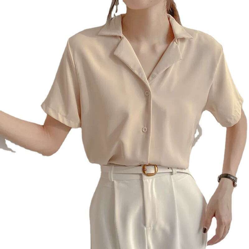 Spring Summer College Style Korean Version Professional Suit Collar Turn-Down Student Short Sleeve Shirt Solid Color Top Women B5