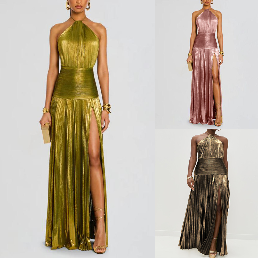 Women's Metallic Pleated Split Lace-Up Halter Dress Sleeveless Backless 8155 ddmysept