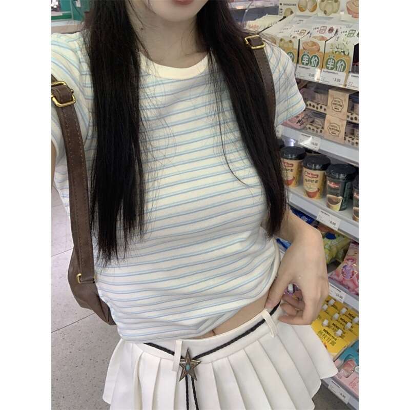 Sleeve Striped T-Shirt For Women Summer Hot Girl Slim Fit Base Shirt Versatile Student Short Top B5