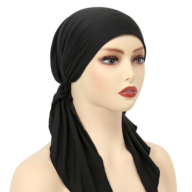 T1179 new cotton elastic double tail bottoming hat solid color ladies headscarf