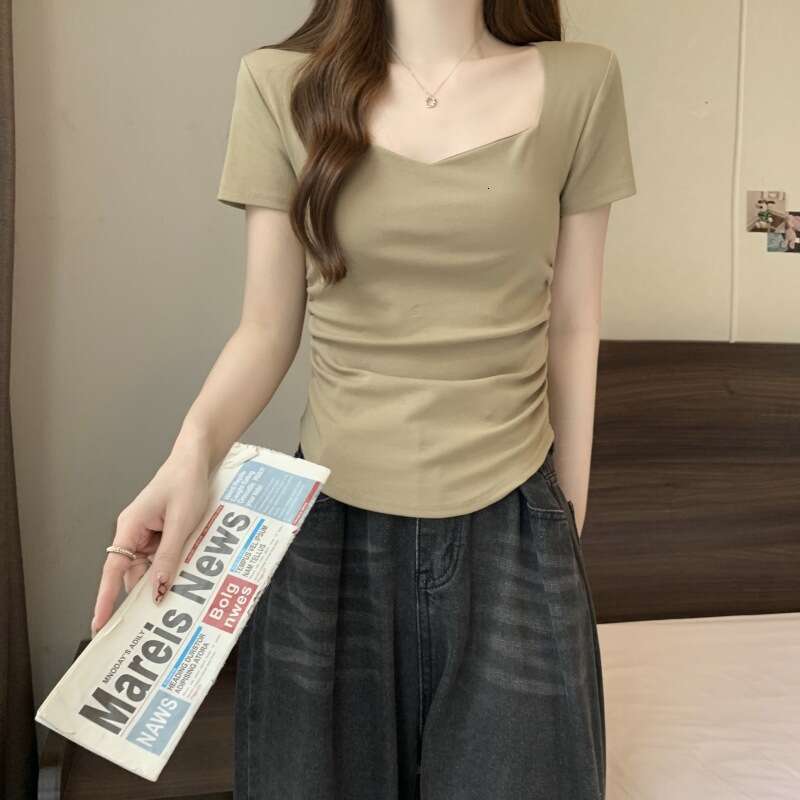 Square Neck Regular Shoulder Sleeve T-Shirt For Women Summer New Waist Slim Fit Short Student Ruched Top Trendy B5