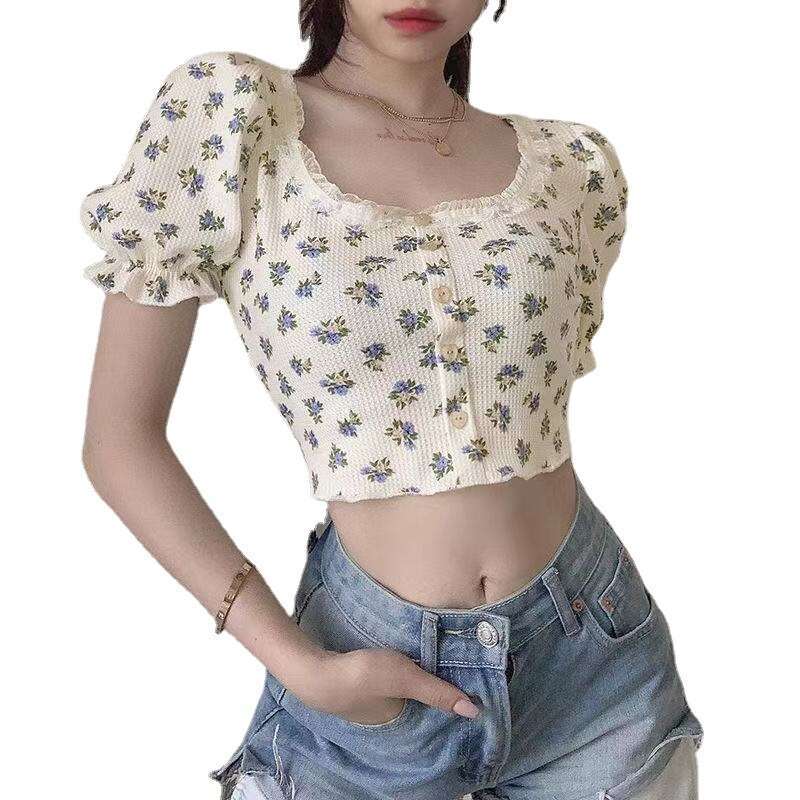 Summer American Style Floral Waffle Short T-Shirt Women Square Neck Puff Sleeve Crop Top Trendy B5