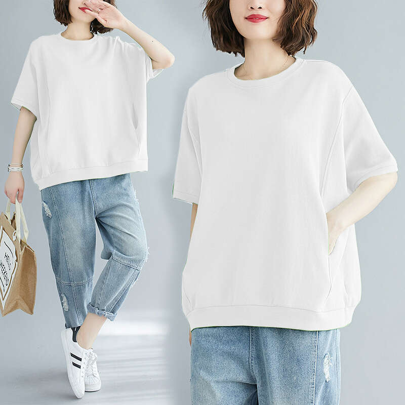 Women's Clothing 200 Jin Summer Loose Plus Size Covering Fat Slimming Top Solid Color Round Neck Short Sleeve T-Shirt B5
