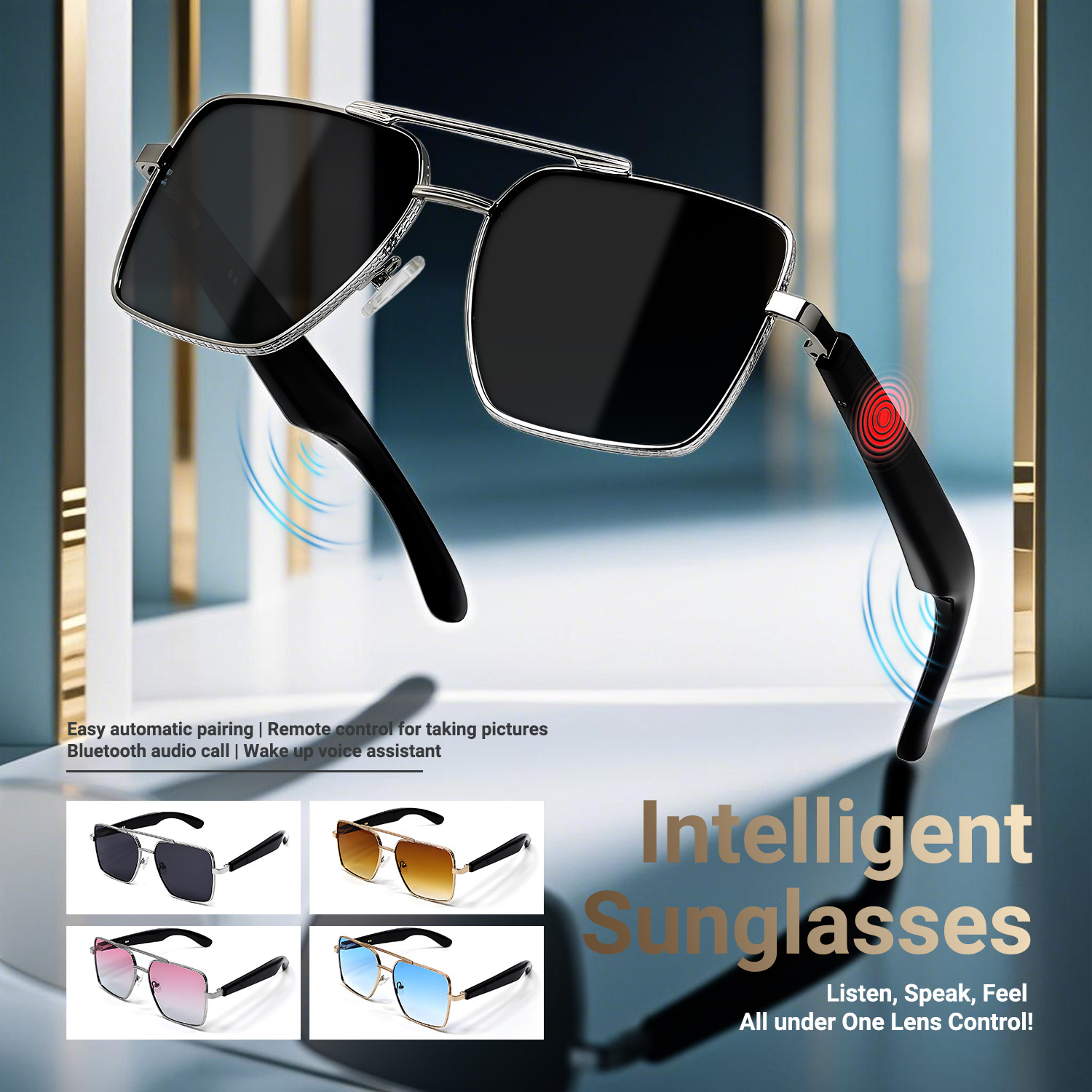 LIGE Women's anti-blue light glasses with a 7-day long standby time, UV protection, water resistance, wireless music and call support, and voice 