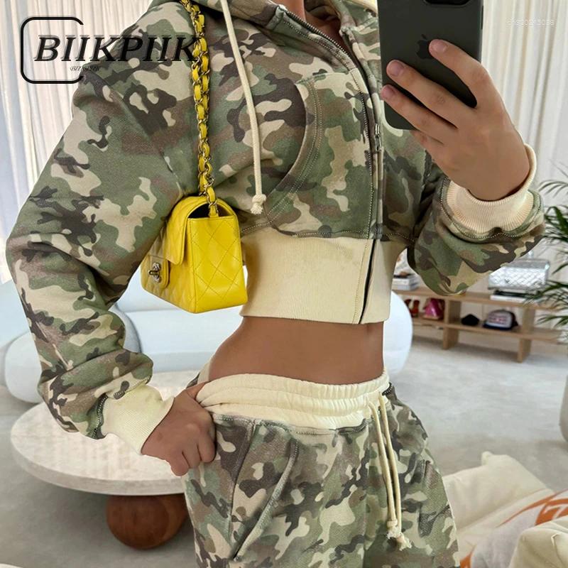 Women's Two Piece Pants BIIKPIIK Streetwear Camouflage Sets Patchwork Zipper Women Jacket Suit Fashion Hoodies Spring Light Coats Drawstring