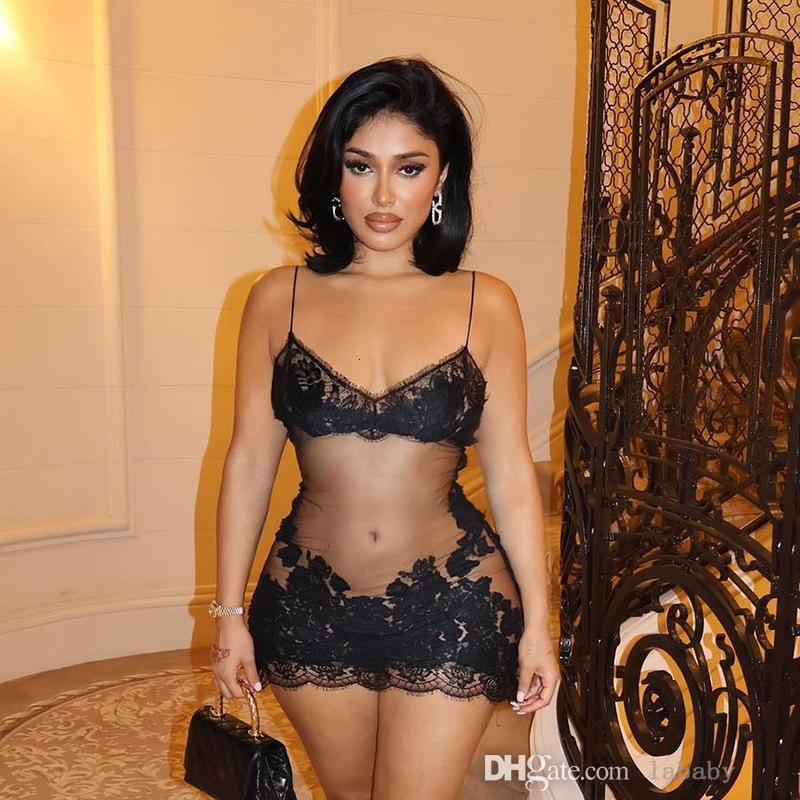 2025 Lace Mesh Sexy Dress Women Fashion Embroidery Flower Dresses For Woman Nightclub Perspective Sleeveless Mini Skirt