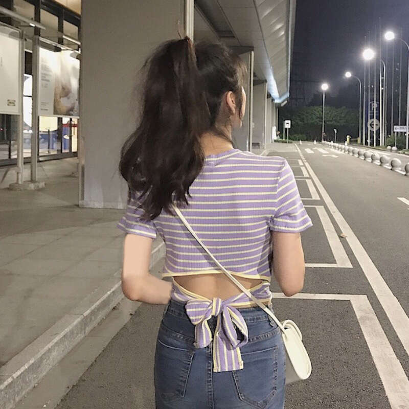 Spicy Girl Backless Striped Sleeve T-Shirt Women's Summer New Design Short Student Tie Top Trendy B5