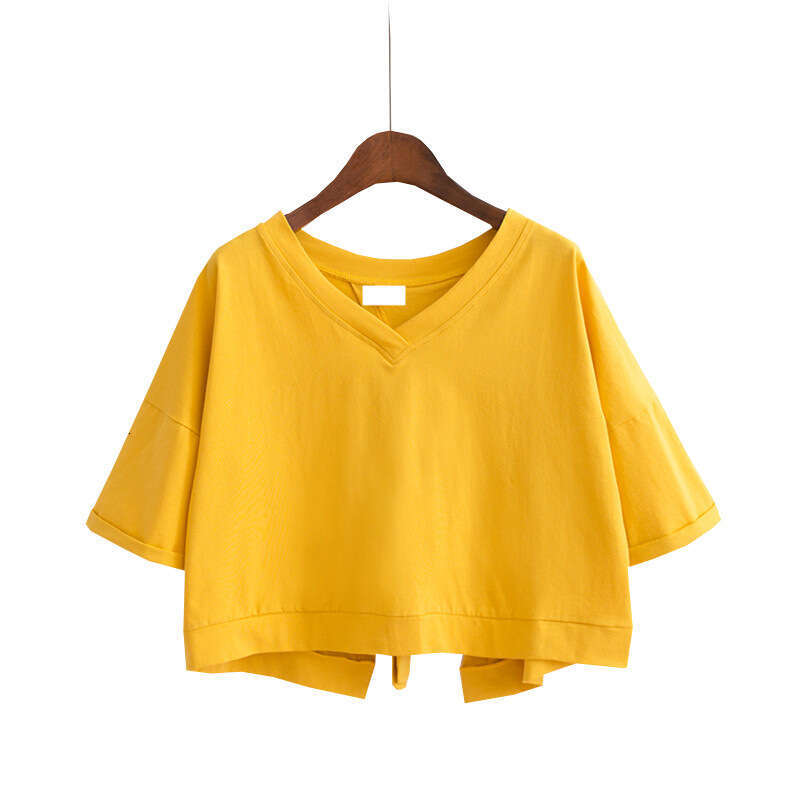 Summer Solid Color Backless Patchwork Split V-Neck Loose Top For Female Students With Tie Short Sleeve T-Shirt Women's Clothing B5