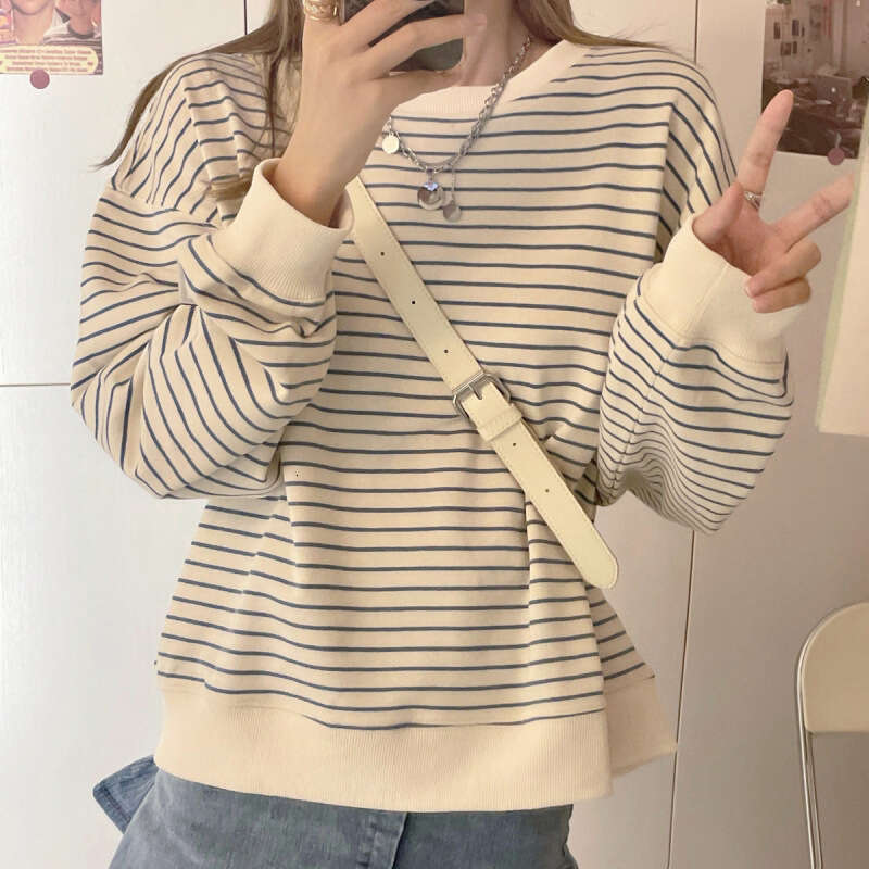 Women's Sweatshirt Early Autumn New Korean Style Loose Design Striped Top Round Neck Pullover Long Sleeve T-Shirt Trendy B5
