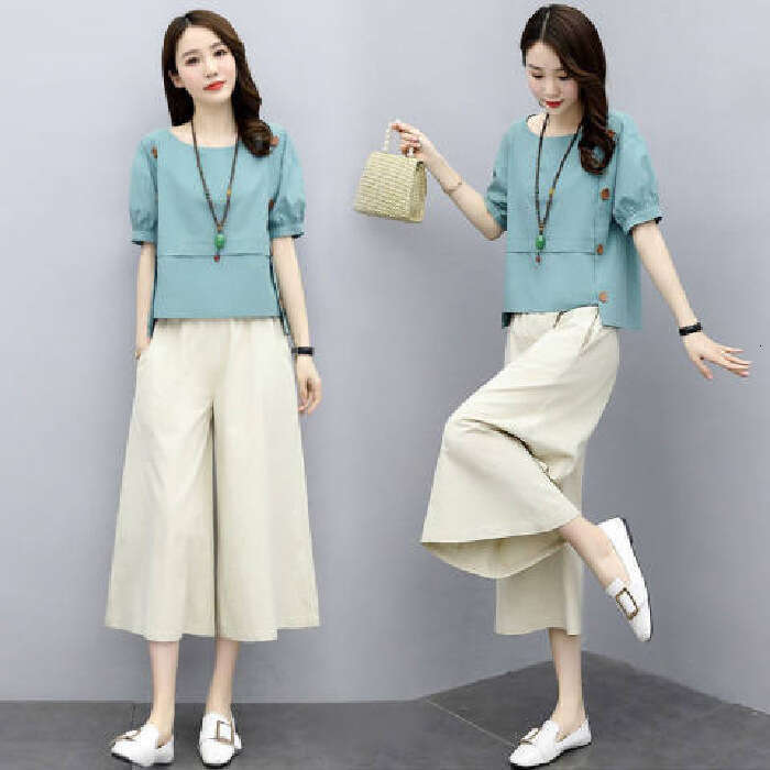 Two-Piece Short Sleeve Summer Outfit New Women's Fashionable Youthful Wide-Leg Pants Set Loose Slimming B5