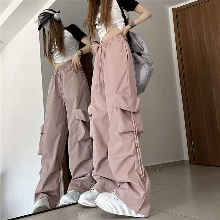 American Style Quick-Dry Cargo For Women With Three-Dimensional Pockets, High Waist, Straight-Leg, Wide-Leg, Ribbon, Loose-Fit, Casual, Floor-Length P