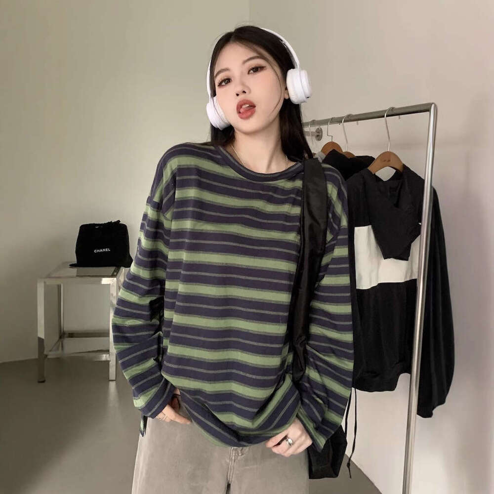 Round Neck Striped Long Sleeve T-Shirt For Women Autumn New Design Loose Slimming Casual Student Split Top B5