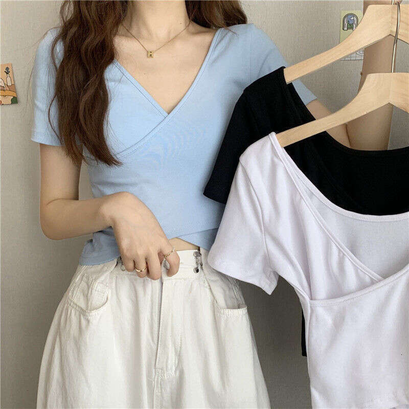 Summer New Design Cross Versatile Slim Fit Sleeve T-Shirt Korean Style Short Solid Color Top For Women B5