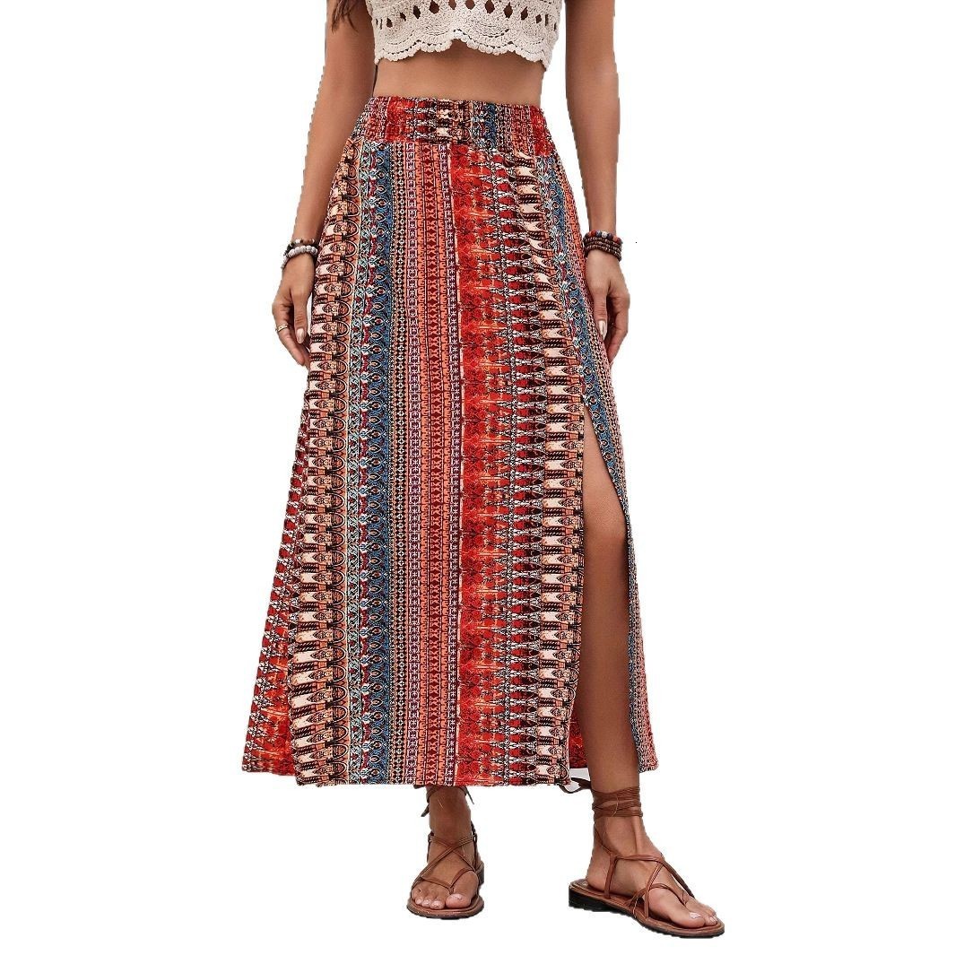 Waist-Cinching Printed Front-Slit Casual Womens Long Fashion Skirt 220701