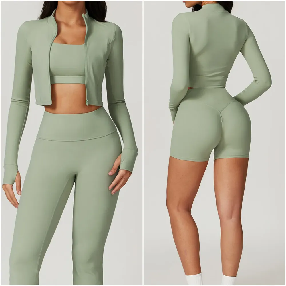 Workout set Women Yoga Sets Jackets Shorts Leggings Flared Pants sets High Waist Sports Jackets Zip Up Coat Elastic Sportswear Outfits Pants Gym Suits Tracksuits