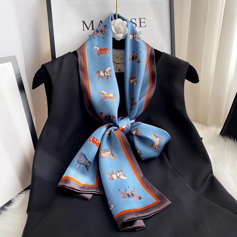 British War Horse Silk Scarf for Women Spring and Autumn Pink Long Mulberry Silk Scarf Hairband Matching Shirt 250710