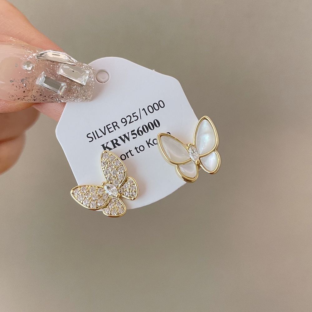 Asymmetric Shell Butterfly Earrings High-end Micro-inlaid Zircon Earrings Korean Style Elegant Simple Versatile Ear Jewelry 250710