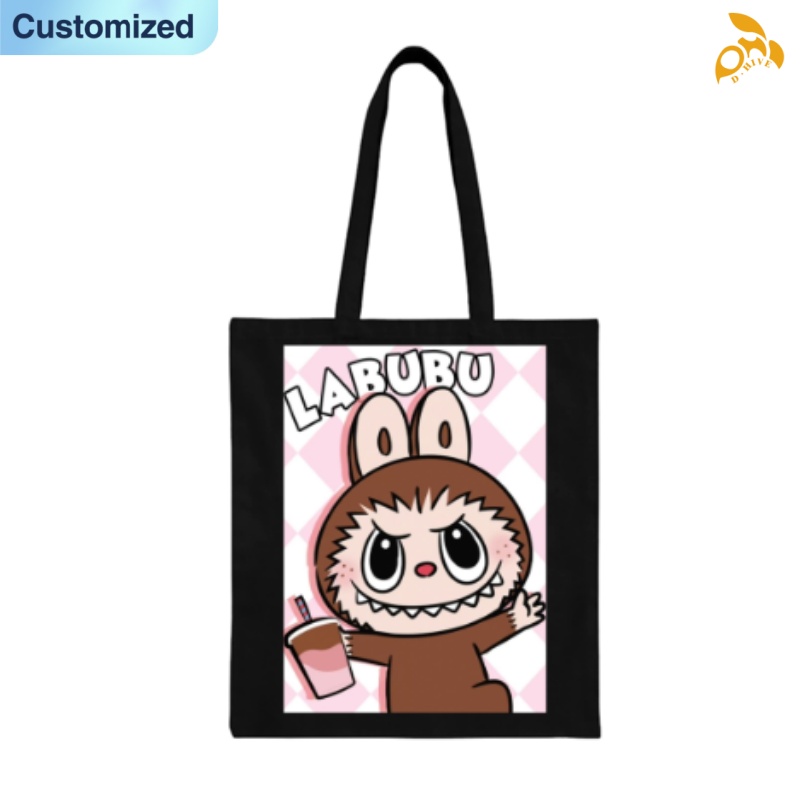 Customized Handbag Free Shipping Labubu Fashion Designers Labubu Lightweight High-Quality Black Full-Print Canvas Tote DIY Bags